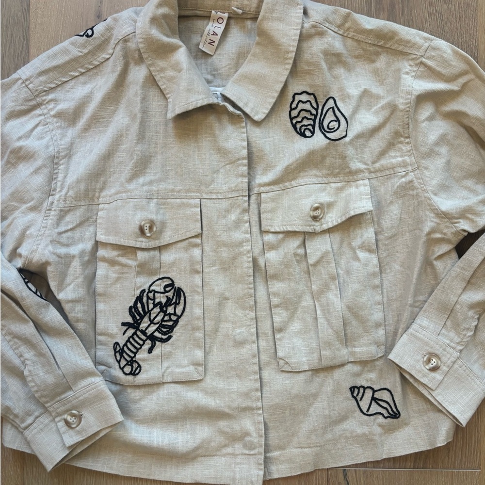 Anthropologie / Dolan Tan Embroidered Linen Utility Jacket